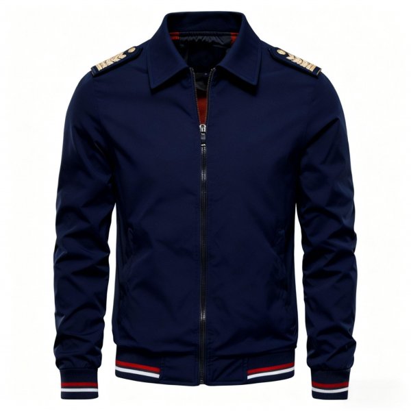 Epaulet-Accented Navy Blue Bomber Jacket