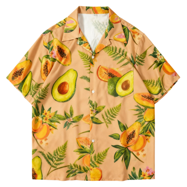Peach Orange Papaya & Avocado Print Camp Collar Shirt | Tropical Summer Shirt