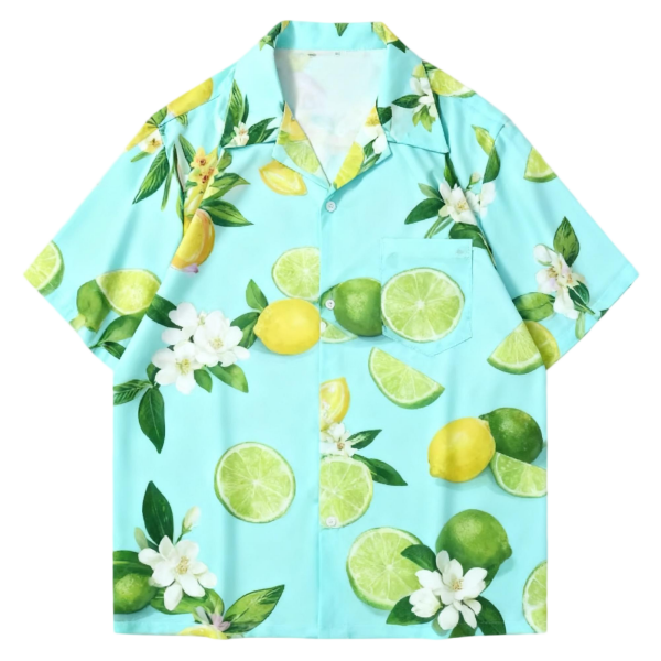 Sky Blue Lemon & Lime Print Camp Collar Shirt | Citrus Summer Shirt