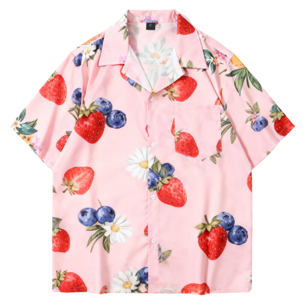 Pastel Pink Strawberry & Blueberry Print Camp Collar Shirt | Summer Vacation Casual Top